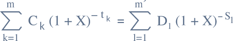 Fórmula: Sumatorio de K igual a uno hasta M, C sub K por uno más X elevado a menos T sub K igual a sumatorio de L igual a uno hasta M prima, D sub L por uno más X elevado a menos S sub L